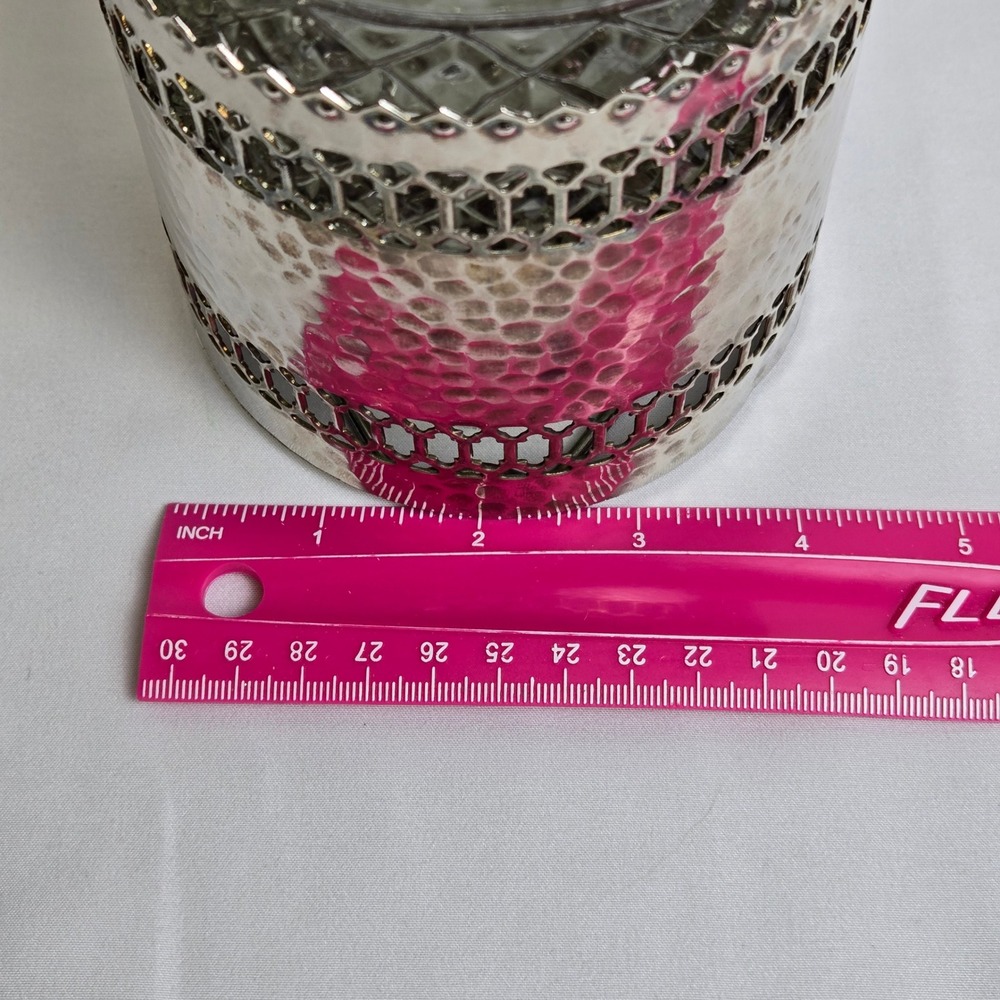 Glass Liquor Decanter, Decorative Silver Tone Hammered Metal Caddy 11" Vintage - Picture 16 of 16